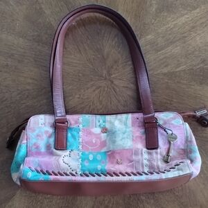 Vintage Fossil Patchwork Shoulder Pink & Teal Tapestry Bag Leather Trim Key